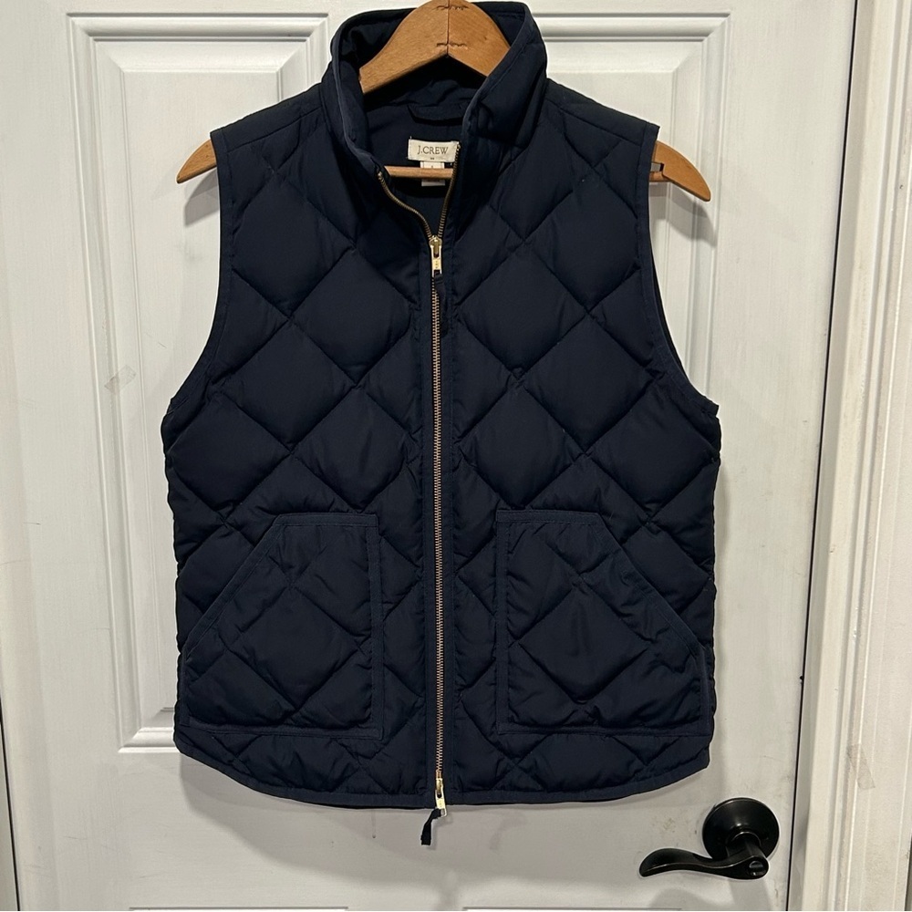 J. Crew Women’s Excursion Down Quilted Puffer Vest Navy Blue Two-Way Zip, Size S